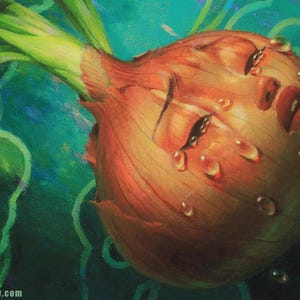 Pu&ograve; includere: Un dipinto surrealista di una cipolla con un volto, con occhi chiusi e labbra rosse. Gocce d'acqua adornano la superficie della cipolla. L'opera d'arte &egrave; ambientata su uno sfondo verde acqua con motivi a vortice e cipollotti.