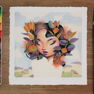 May include: A watercolour painting of a woman with a crown of colourful leaves and flowers. Her eyes are closed and she has a serene expression. The background is a soft blue with hints of green and orange.