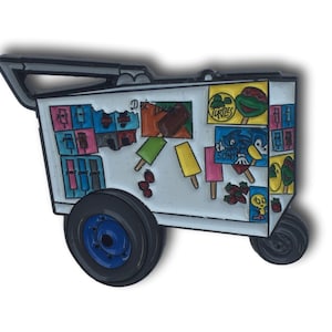 May include: A white ice cream cart with a black metal frame and wheels. The cart is decorated with colorful cartoon characters and ice cream designs. The cart has a sign that says "D's Ice Cream".