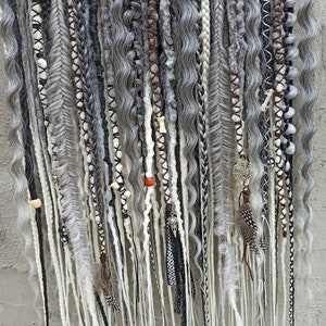 Synthetic dreadlocks extension. Gray Wolf set. Wavy dreadlocks mix with accessories