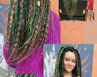 Synthetic dreadlock mix. Spring Green set of DE dreadlocks and curls. Dreadlocks for festivals, events, themed weddings