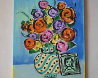 Vase of Flowers 16" x 20" Original Acrylic Painting on Canvas