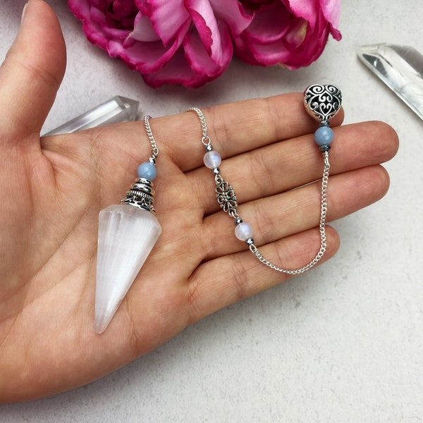 Selenite Pendulum with Angelite and Moonstone, Communication with your Angels & Spirit Guides, Crystal Dowsing Pendulum, Reiki Pendulum