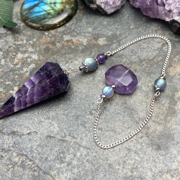 Amethyst Pendulum with Labradorite, Dowsing Pendulum Amethyst, Communication with your Higher Self & Spirit Guides, Divination Tool, Reiki