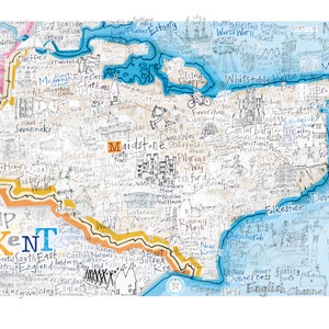 Mapa dibujado a mano de Kent, Whitstable, Royal Tunbridge Wells, Dungerness, Folkestone, Broadstairs, Margate, impresión de Bellas Artes Giclée