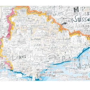 Carte dessinée à la main de l'East Sussex, Hastings, Lewes, Brighton, Eastbourne, Rye, impression giclée d'art