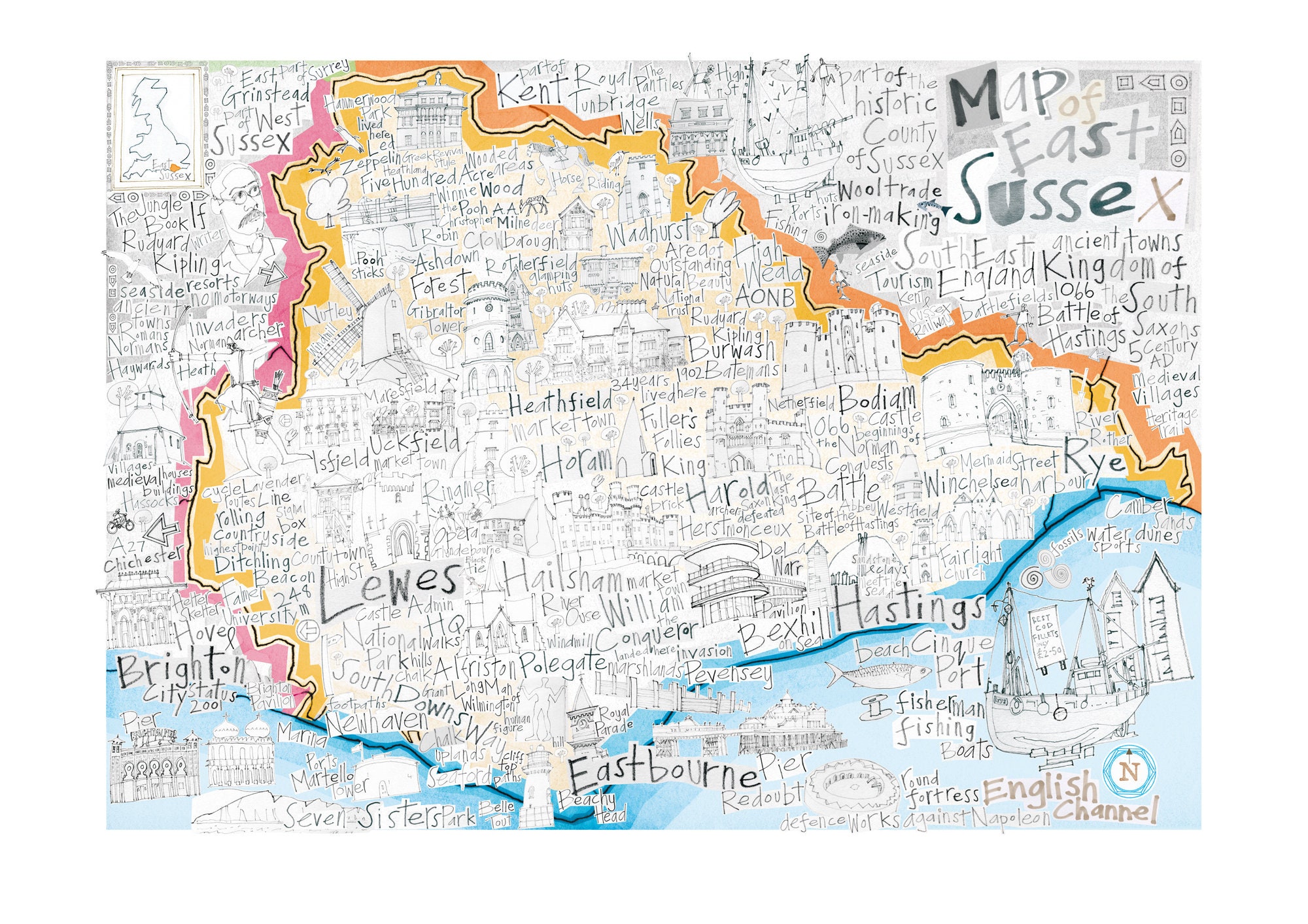 Hand Drawn Map of East Sussex, Hastings, Lewes, Brighton, Eastbourne