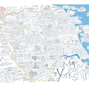 Carte du Yorkshire dessinée à la main, impression giclée d'art