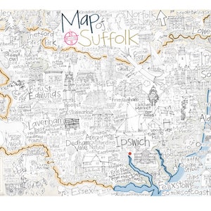 Handgezeichnete Karte von Suffolk, Lowestoft, Southwold, Aldeburgh, Lavenham, Giclée Fine Art Print