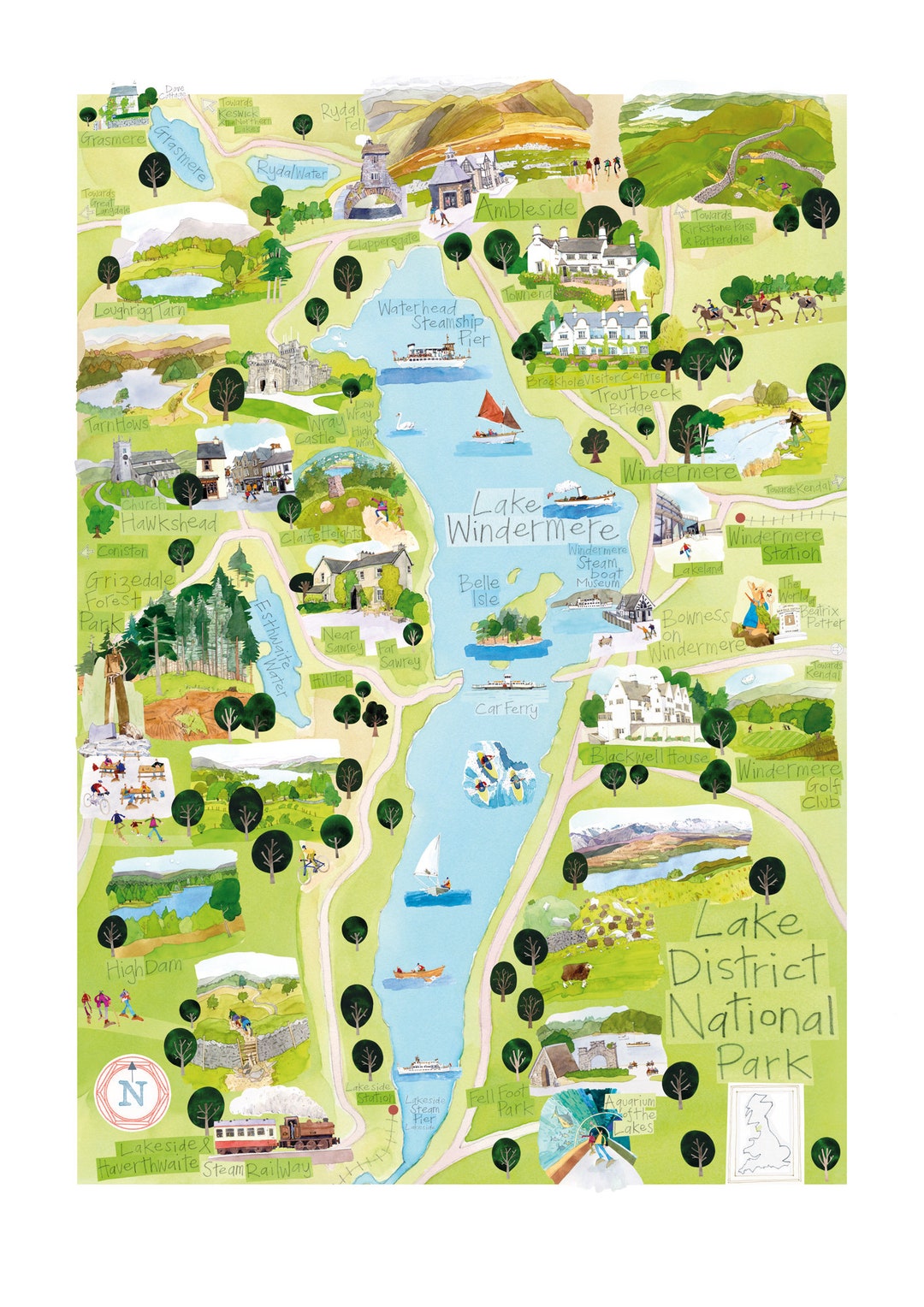 Lake Windermere Map, Lake District National Park, Giclée Fine Art Print Etsy Singapore