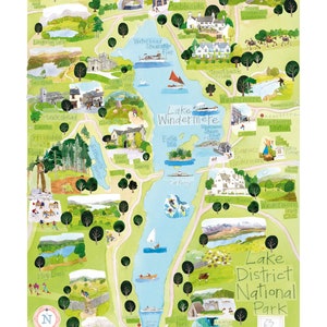 Carte du lac Windermere, parc national de Lake District, impression giclée d'art