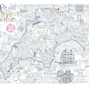 Carte dessinée à la main du sentier de la côte sud-ouest, Devon, Cornouailles, Somerset, Dorset, impression giclée d'art