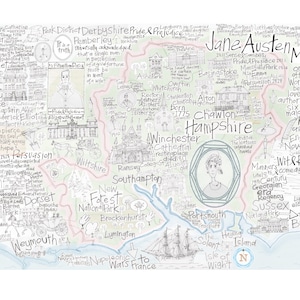 Carte dessinée à la main de Jane Austen, Hampshire, Orgueil et préjugés, bon sens et sensibilité, impression giclée d'art