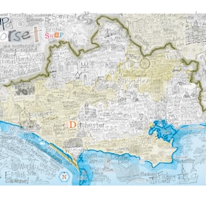Carte dessinée à la main du Dorset, Lyme Regis, Weymouth, Lulworth Cove, Dorchester, Poole, Bournemouth, Giclée Fine Art print