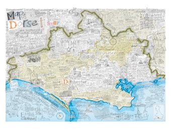 Hand-Drawn Dorset Map Art Print: Lyme Regis to Bournemouth