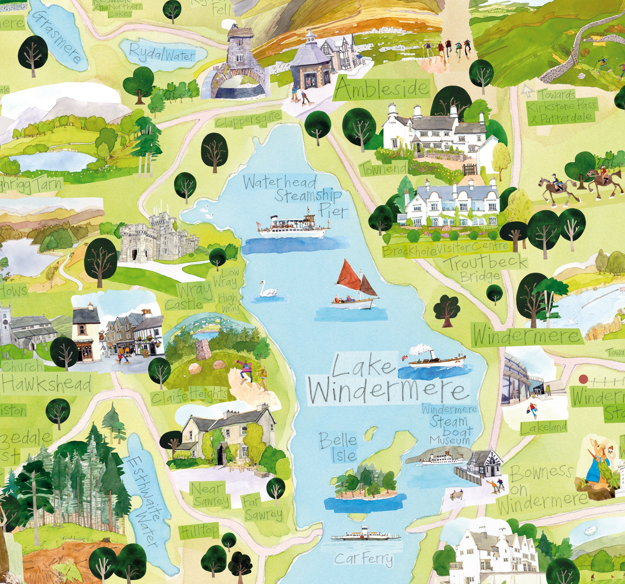 Lake Windermere Map, Lake District National Park, Giclée Fine Art Print
