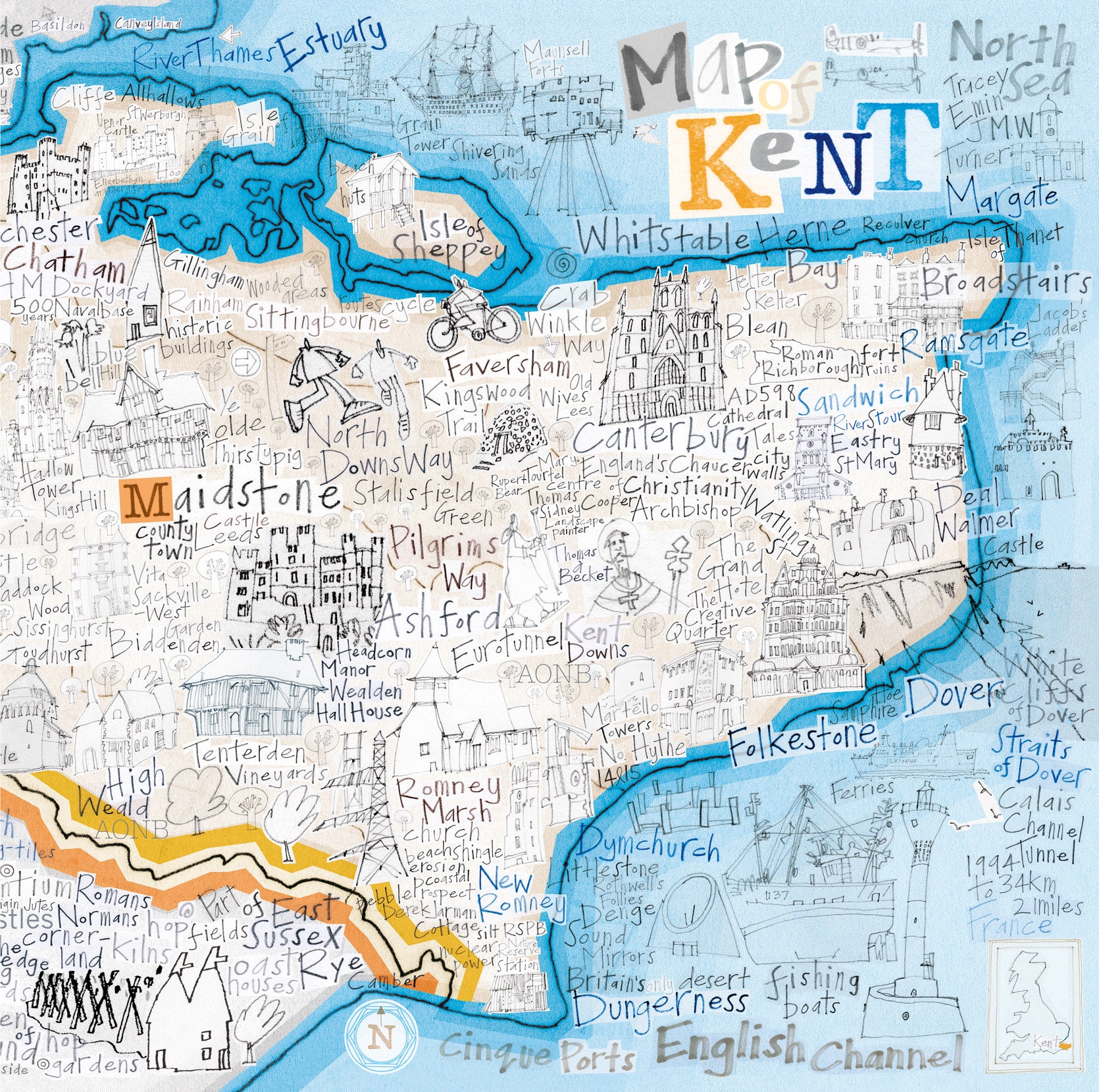 Map of Kent Greetings Card Etsy UK