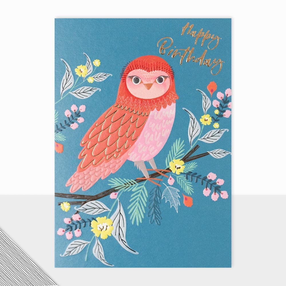 Cute Pretty Owl Happy Birthday Greetings Card: Floral Animal Nature Bird Lover, UK Made, FREE SHIPPI