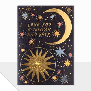 Laura Darrington Design / Colección Spectrum / Amor / Tarjetas de felicitación / Aniversario / San Valentín / Te amo hasta la luna y más allá /