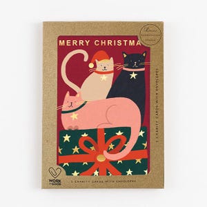 Cute Charity Merry Christmas Greetings Card Packs Multi-Pack: Fancy Cat Cats Pets Design, x5 Cards, Women&#39;s Aid, UK Made, FREE SHIPPING