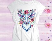 Deer women 39 s shirt - Watercolor animal print on cotton t-shirt