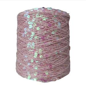 Pink Royal Double Sequins cotton yarn with transparent hologram sequins 6mm/3mm and lurex per 50g/0,11lb, Sequins decorative shiny yarn