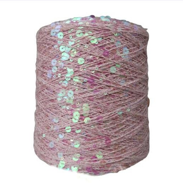 Fil de coton rose royal double sequins avec paillettes holographiques transparentes 6 mm/3 mm et lurex par 50 g/0,11 lb, fil brillant décoratif paillettes