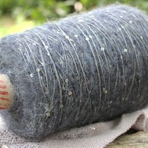 Fil de paillettes de kid mohair d&#39;alpaga bleu-gris foncé par 100 g/3,52 oz, laine de paillettes de mohair, laine à tricoter à la main