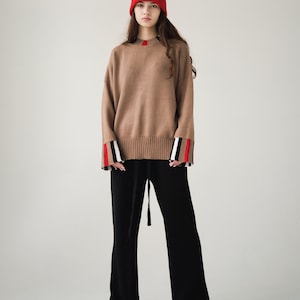 Camel Women&#39;s Round collar Sweater Oversized Cashmere / Merino, Luxurious Long Sleeve Cashmere Jumper, Loose Knit Pullover Cashmere