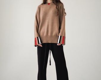 Camel Women's Round collar Sweater Oversized Cashmere / Merino, Luxurious Long Sleeve Cashmere Jumper, Loose Knit Pullover Cashmere