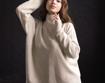 Women's 100% Pure Cashmere Turtleneck Sweater Oversized, Luxurious Long Sleeve Cashmere Jumper, Loose Knit Pullover Cashmere