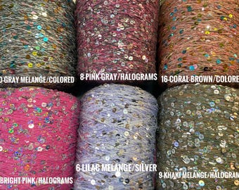 Hilo de algodón con lentejuelas dobles por 50 g/0,11 lb, lentejuelas de 6 mm/3 mm, hilo decorativo de lujo, hilo brillante, hilo brillante para tejer a mano y crochet.