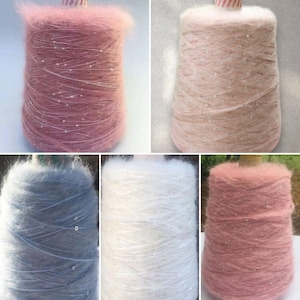 ソフト キッド モヘア スパンコール ヤーン 100g/3.52 オンス、ローズ、パウダー、ブルー モヘア スパンコール ヤーン、かぎ針編みヤーン、手編みヤーン、イタリア製モヘア ヤーン
