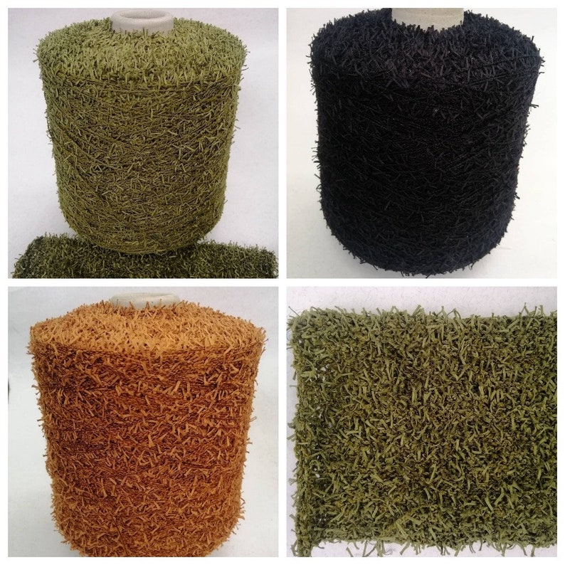 May include: Four spools of yarn in different colors: green, black, brown, and a lighter green. The yarn is a fuzzy, textured type.