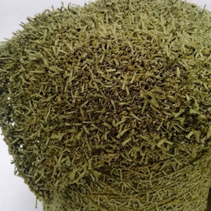 May include: Close-up of a green, textured fabric with a fuzzy, frayed surface. The fabric has a woven appearance and is made of thin, shredded strands.