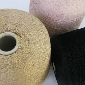 May include: Three spools of yarn in different colors: gold, pink, and black. The spools are wound with yarn and have a cardboard center.