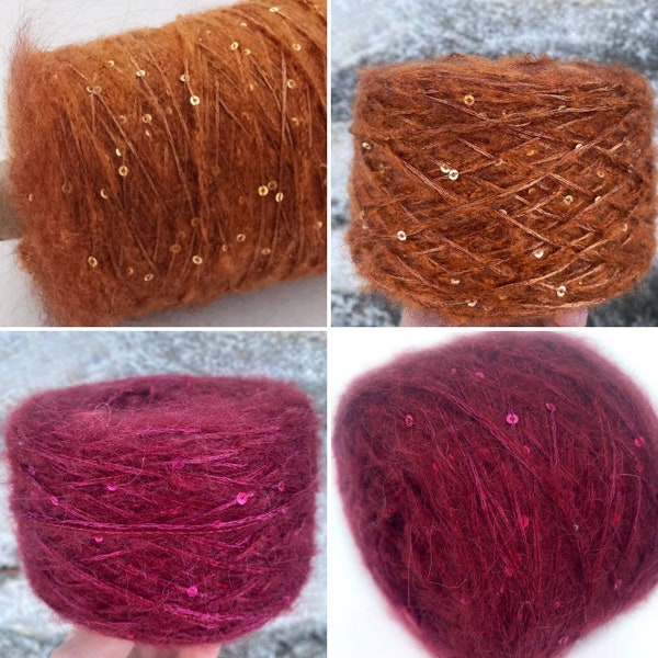 Terre cuite Bourgogne Kid mohair Paillettes Fil 300m/328yd par 100g/3,52oz, Paillettes Mohair Italie fil, Tricot à la main Fil de paillettes Mohair italien