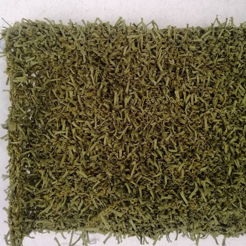 May include: A close-up of a green, shaggy rug made of shredded fabric. The rug has a textured, fuzzy surface and is perfect for adding a touch of rustic charm to any room.