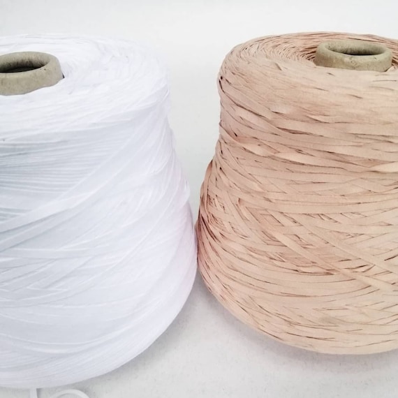 Ribbon Cotton Yarn, White Beige Ribbon Italy Yarn on Cone 250m per