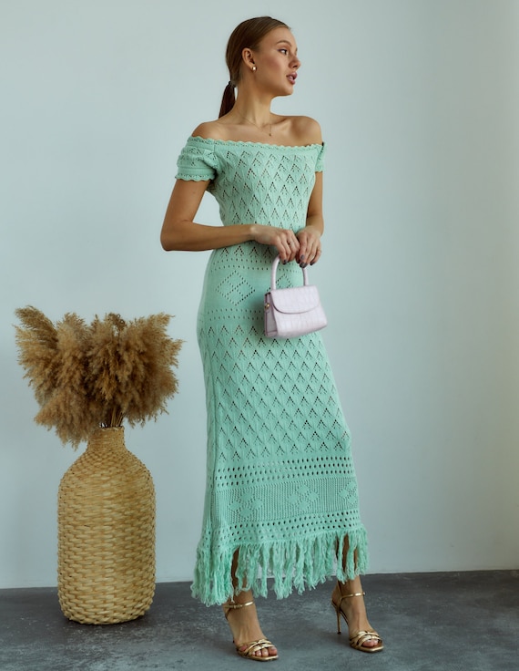 Mint Knit Midi Fishnet Cotton Dress 