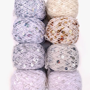 White Royal Double Sequins cotton yarn with sequins 6mm/3mm per 50g/0,11lb, Sequins decorative shiny yarn