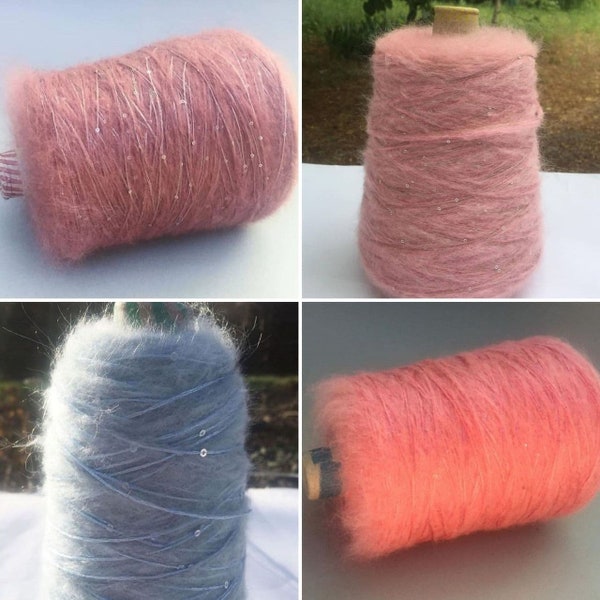 Soft Kid mohair Sequins Yarn per 50g/1.76oz, Rose Blue Coral Mohair Sequins Italy yarn, Crochet yarn Hand knitting yarn, Italian Mohair Yarn