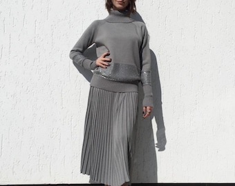 Grey Knitted Pleat Merino Wool Skirt Midi, Women's Woolen Pleated Skirt, Autumn Winter Women's Pleated Skirt