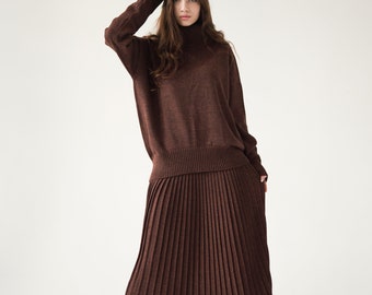 Set Merino Wolle Falten Midi Rock und Pullover Oversized, Damen Merino Wolle Falten Midi Rock Set, Herbst Winter Frauen Midi Falten Rock Set