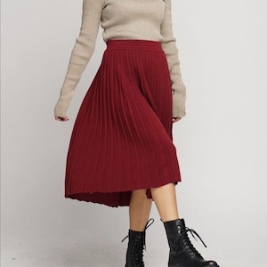 Burgundy Knitted Pleat Merino Wool Skirt Size L-XL, Women&#39;s Woolen Pleated Skirt, Autumn Winter Women  Pleated Skirt