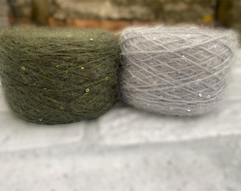 Khaki, Sky Blue Kid mohair Sequins Yarn 250m/270yd per 100g/3,52oz, Sequins Mohair yarn, Hand knitting yarn