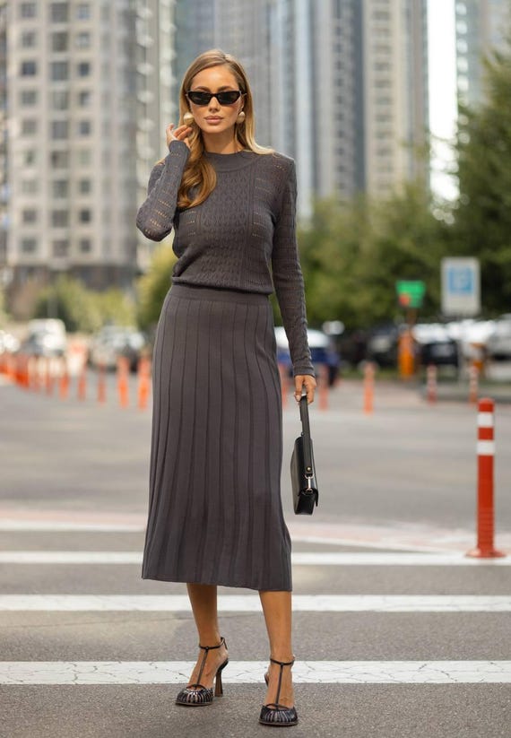 sachin and babi light blue dress Spring Gray Knitted Pleat Dress Midi, Crew Neck Long Sleeve Pleated Dress,  Elegant Casual Everyday Office Dress, Special Occasions Dress