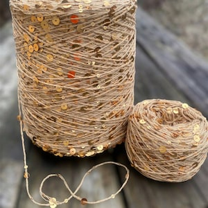 Gold Double 6mm/3mm Sequins cotton yarn per 50g / 0,11lb, Sequins decorative shiny yarn