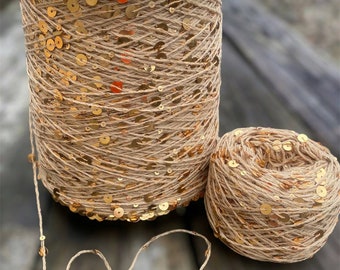 Gold Double 6mm/3mm Sequins cotton yarn per 50g / 0,11lb, Sequins decorative shiny yarn
