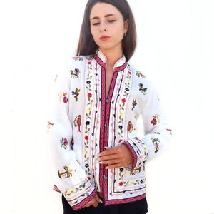 Ukrainian embroidery Vyshyvanka Linen jacket Flower women&#39;s White embroidered Ukrainian jacket for spring Flower Ethnic blouse